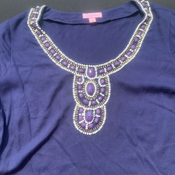 Lilly Pulitzer Sarah True Navy Beaded Embellished Tunic 3/4 Sleeve Dress. - Picture 3 of 11